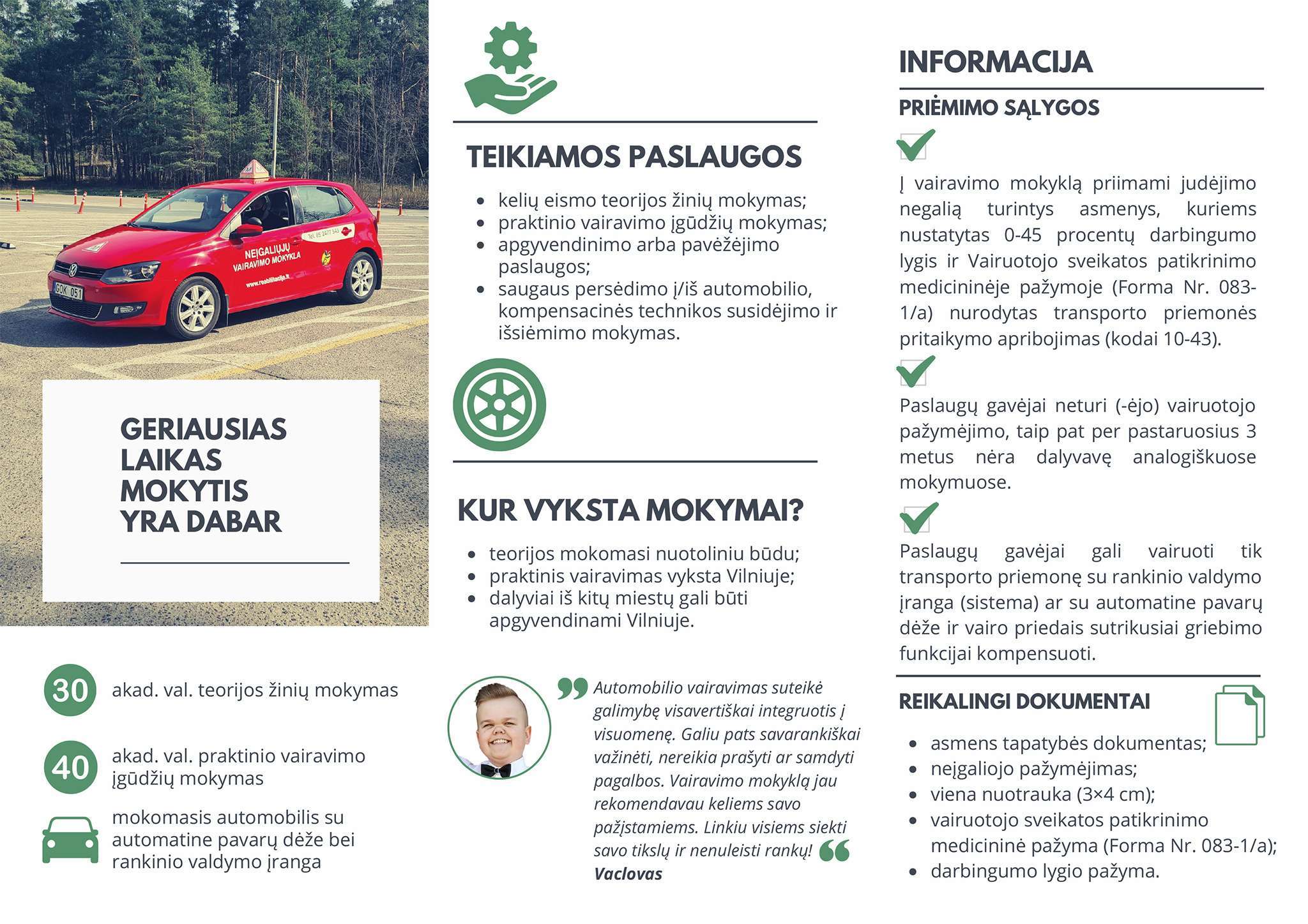 Vairavimo mokymo judėjimo negalią turintiems žmonėms lankstinukas
