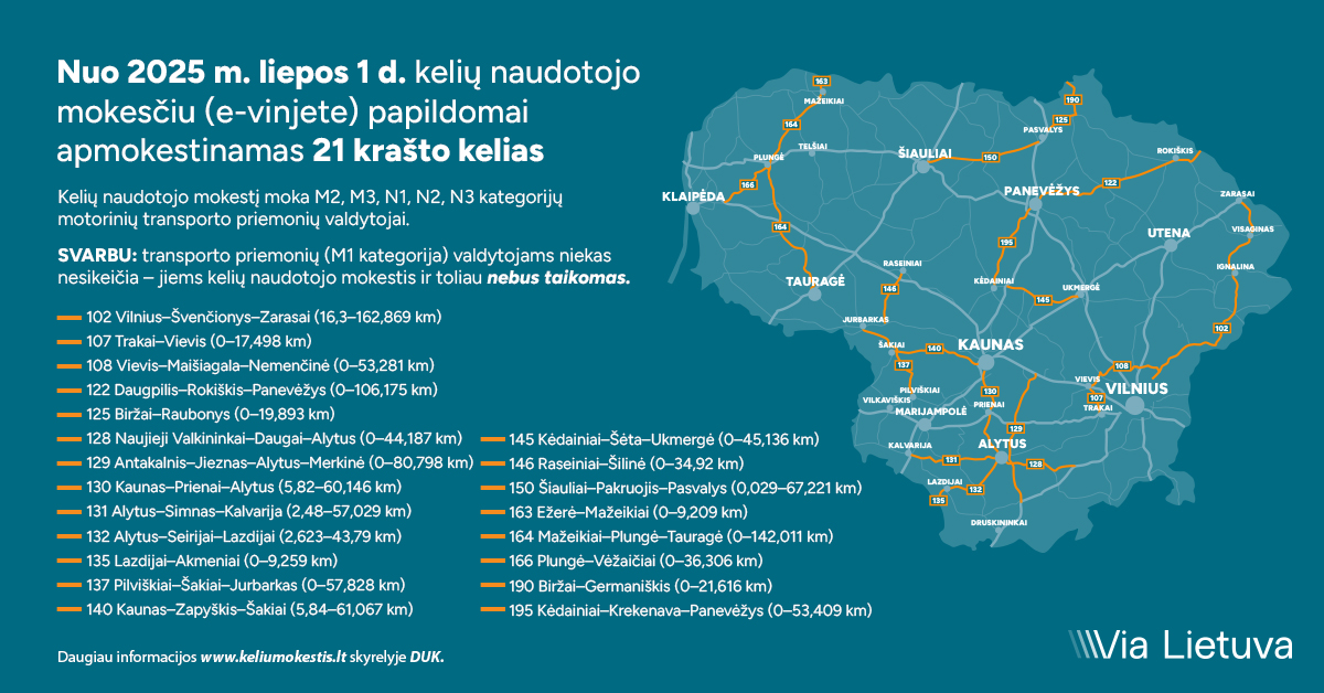 Žemėlapis, kuriame pažymėti papildomai apmokestinami keliai